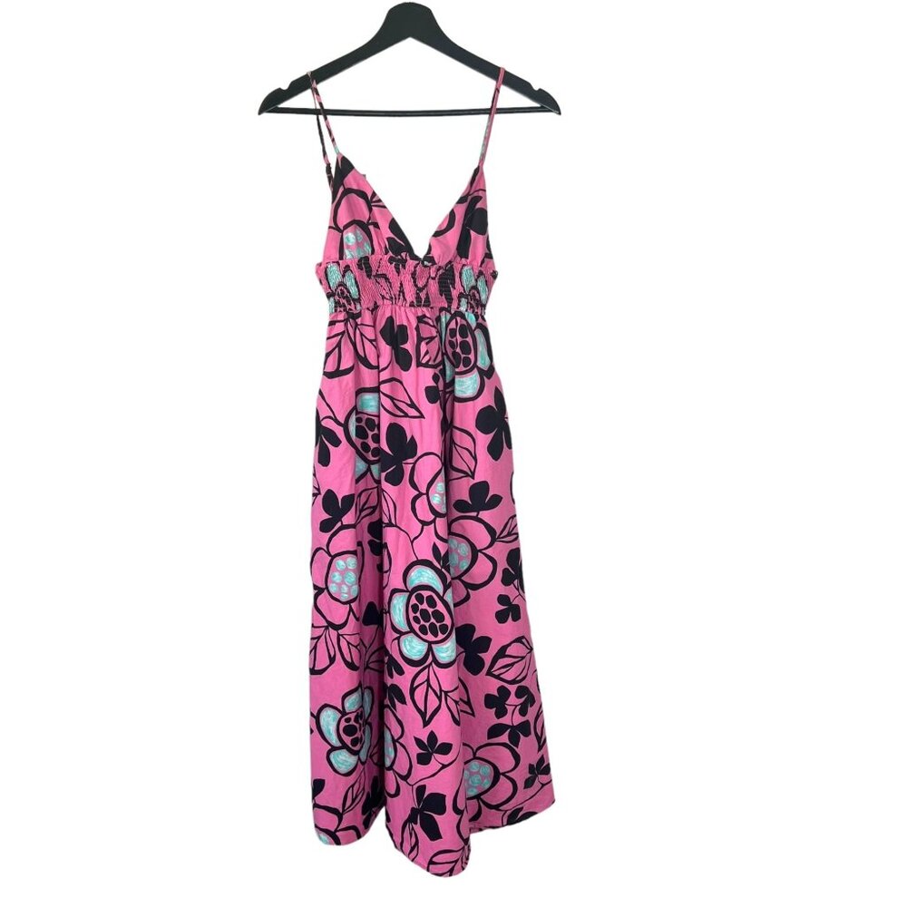Zara Pink Black Floral Poplin Spaghetti Strap Midi Dress Small